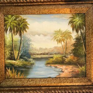 Palm Tree & River Acrylic Painting By J J Adams Bronze Wood Frame 17x15